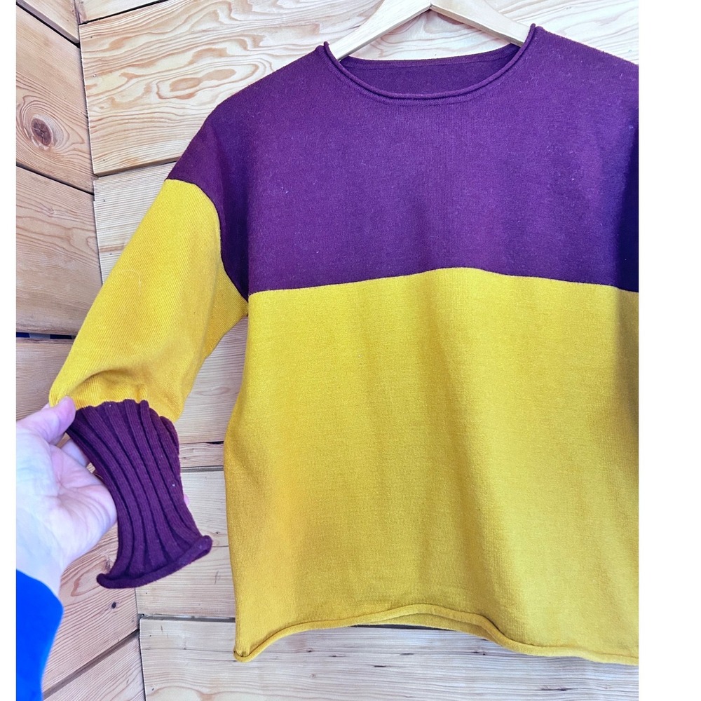 Handmade‎ Chartreuse & Burgundy Heavy Knit Rugby Colorblock Sweater Thick Ribbed - Picture 3 of 7